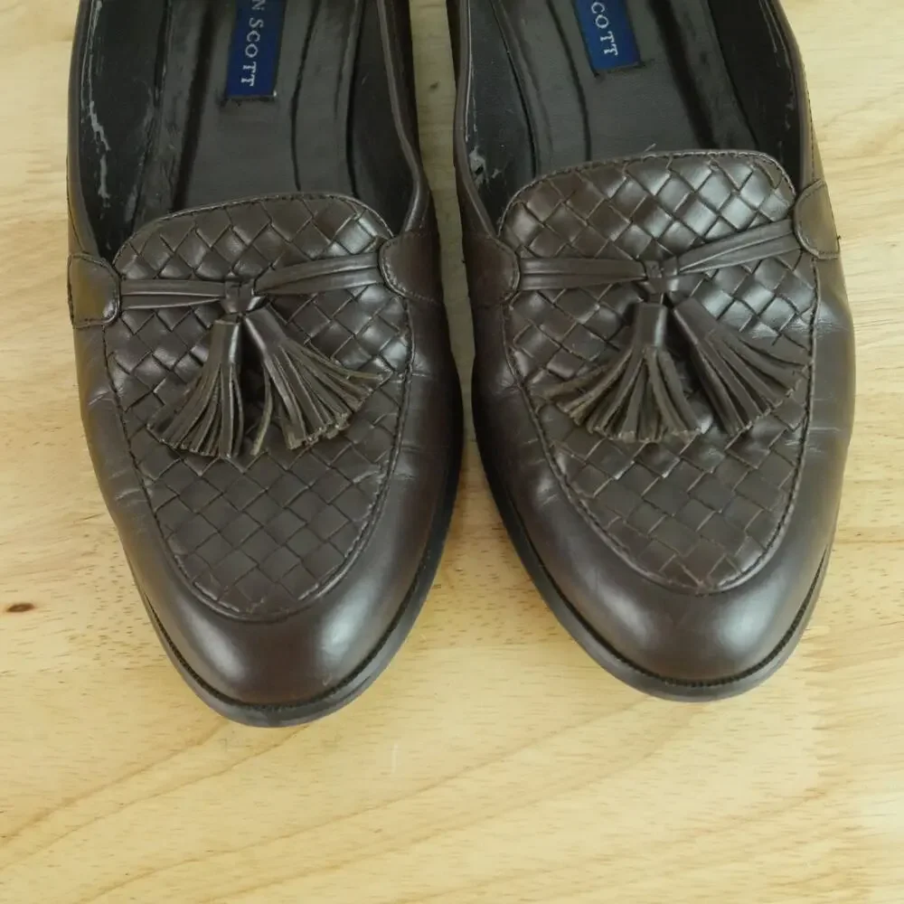 Vintage 8 Woven Leather Tassel‎ Loafers Preppy Slip On Flats Heritage Brown 90s